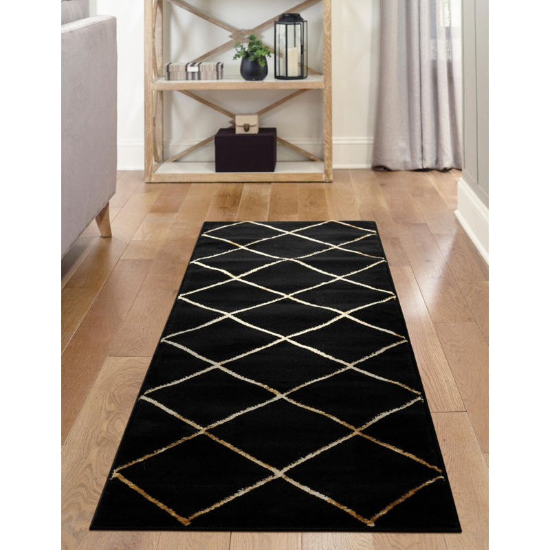 Étowah contemporain noir et doré, Tapis de couloir 2 pi x 8 pi