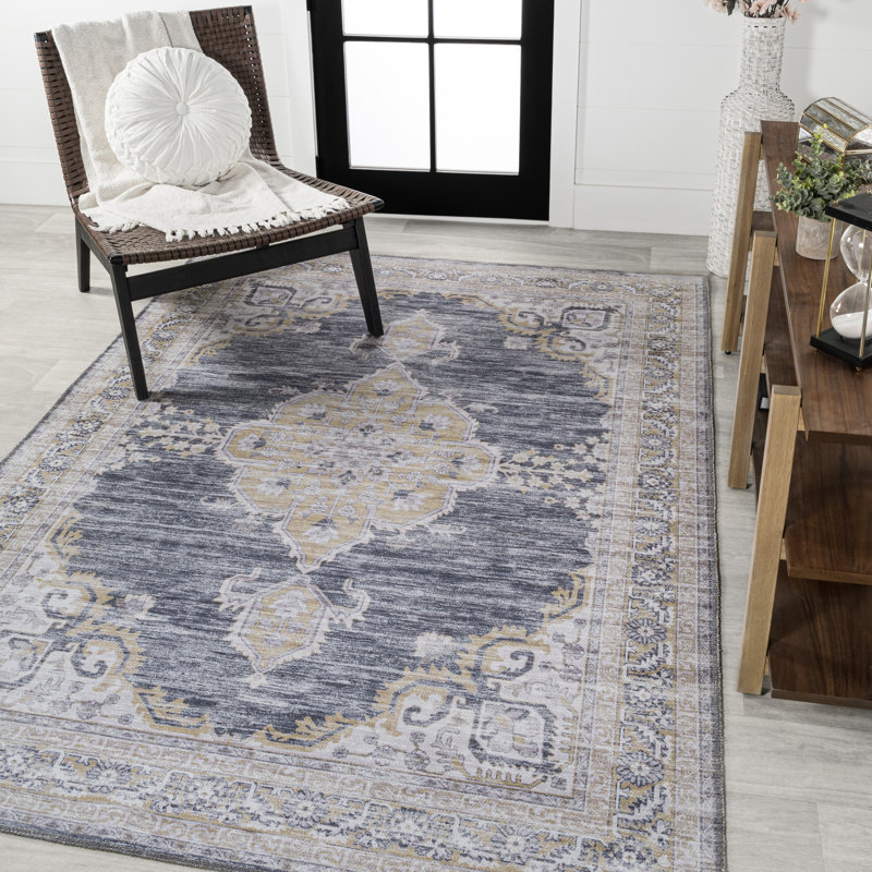 Tapis gris foncé / jaune lavable à la machine Wincer Chenille, Rectangle 2 pi 11 po x 5 pi