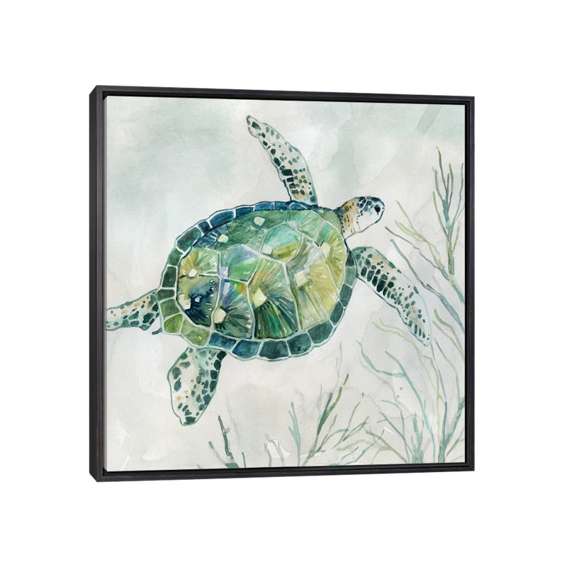 «Seaglass Turtle I» par Carol Robinson - reproduction, H 18 po x l 18 po x 1,5 po, Toile avec cadre noir patiné, Pas de tapis