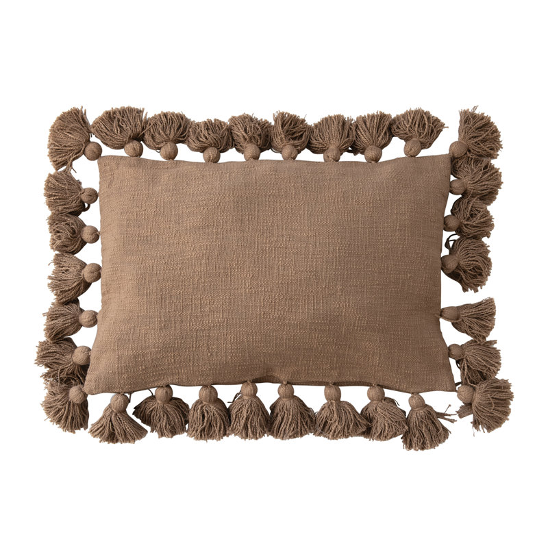 Brown Woven Cotton Lumbar Pillow with Tassels