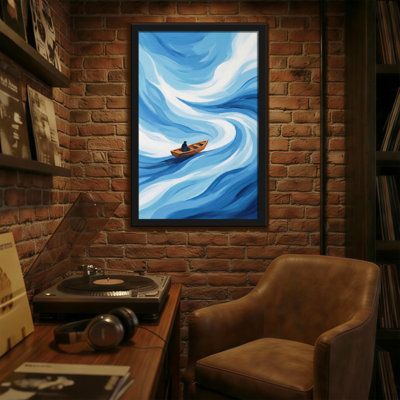 Abstract Blue Waves Flowing Around Solitary Boat