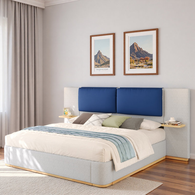 Lit plateforme tapissier avec tablettes, Gris, Très grand lit