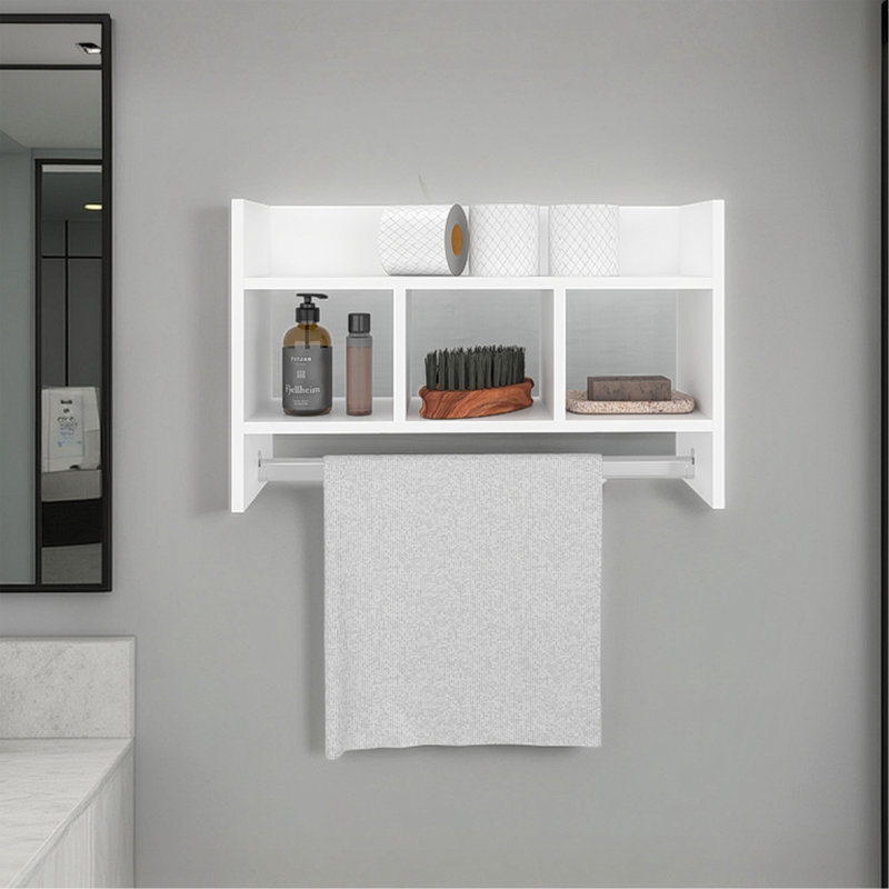 Tablette de bain avec barre à serviettes, tablettes ouvertes et espace de rangement pour les articles de salle de bain