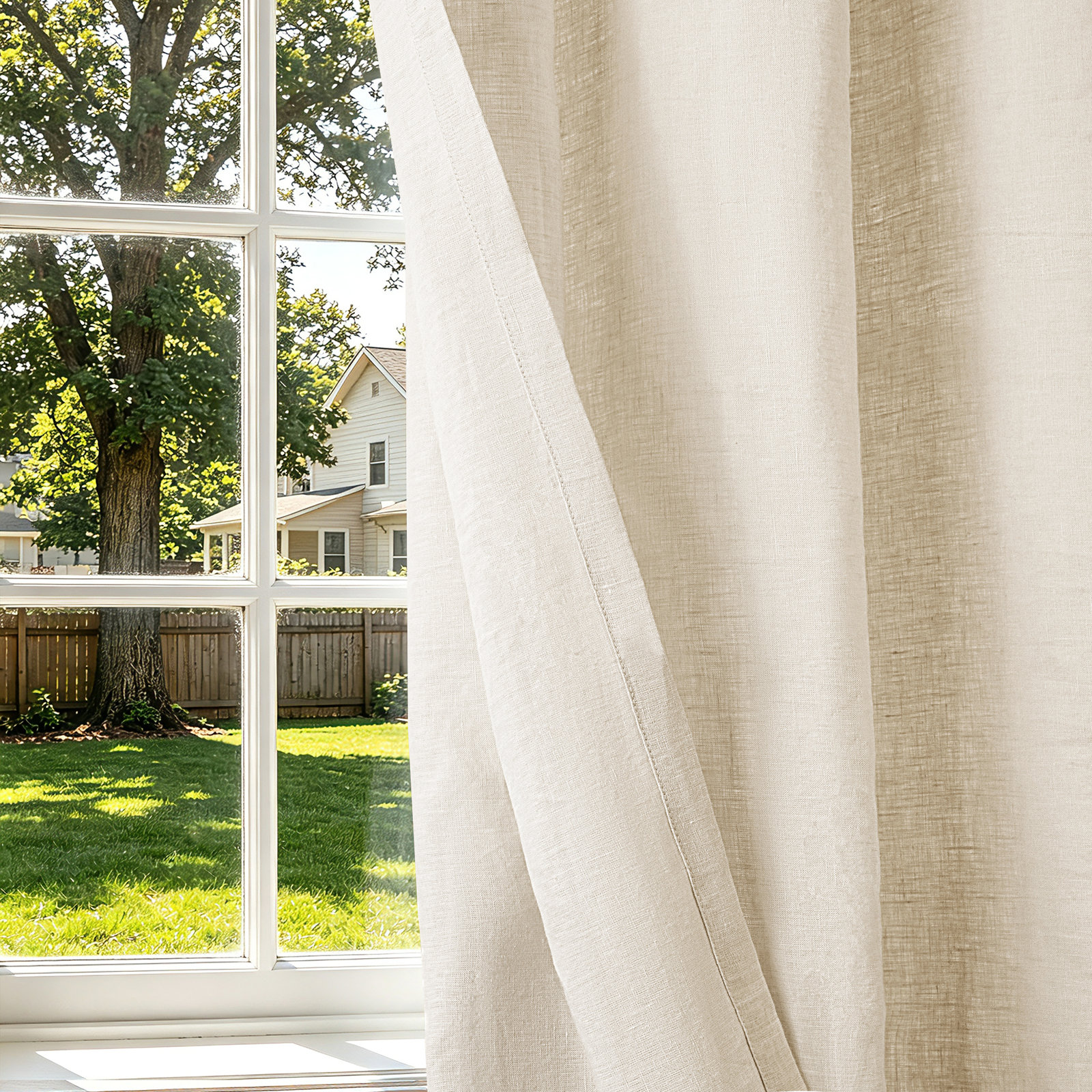100% French Linen Semi Sheer Back Tab Curtain Panel, Eggnog, 50" W x 96" L
