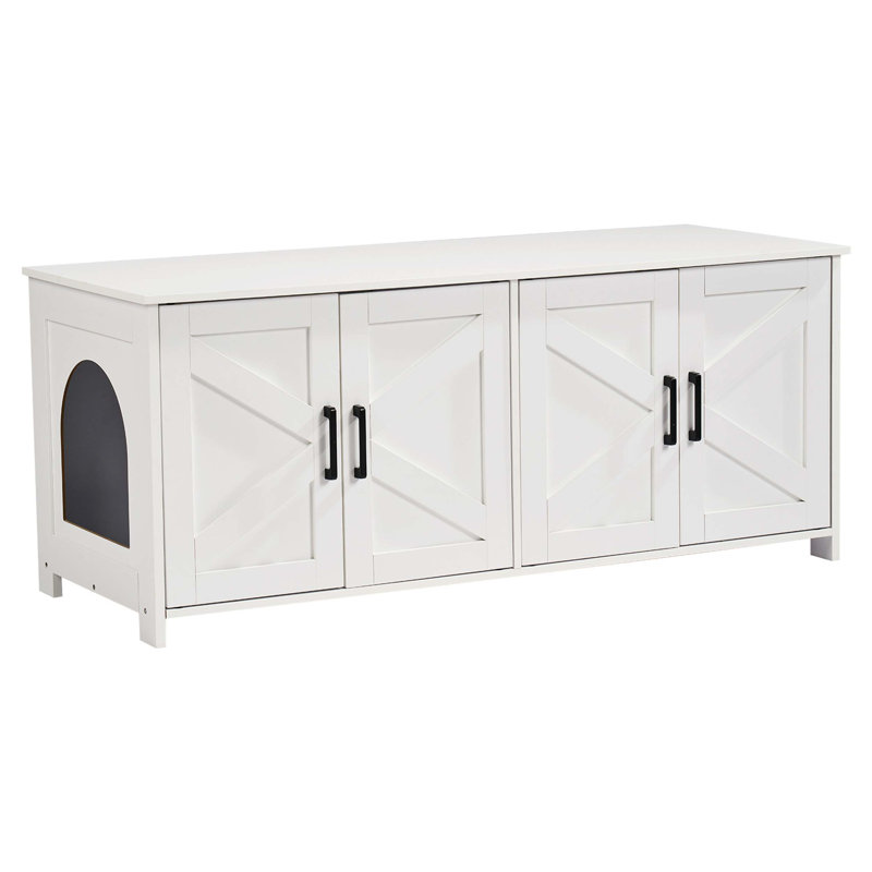 Enceinte de litière en bois pour chat avec portes à double accès, conception de rangement caché, intérieur spacieux et surface supérieure robuste pour une utilisation multifonctionnelle à la maison.