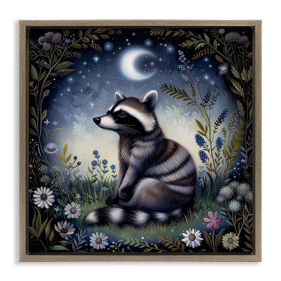 Raccoon Under Night Forest Framed Floater Canvas Wall Art by The Dutch Lady