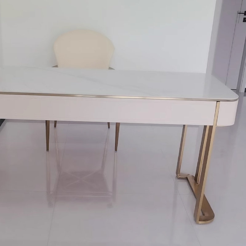 Italian Minimalist Design Rock Slab Computer Desk, Gray/White/Gold, 29.52" H x 70.86" W x 23.62" D