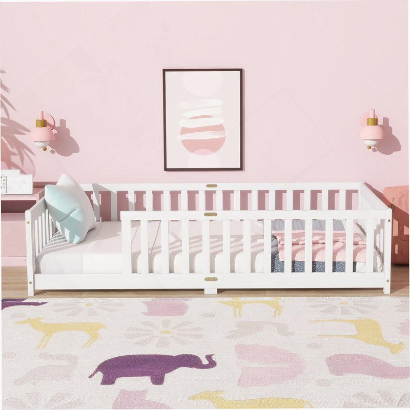  Bed with Fence ,Rubber Wood Floor Bed with Safety Guardrails, Twin, White