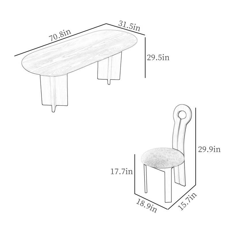 Simple Oval Solid Wood Dining Table Sets, 29.5"H x 70.8"L x 31.5"W