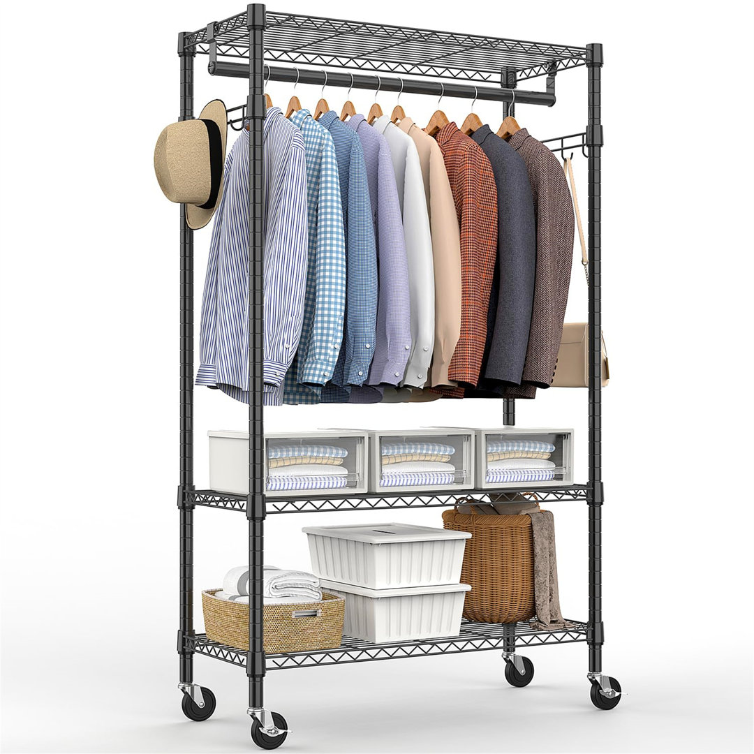 Heavy Duty Rolling Garment Rack 3 Tiers Adjustable Wire Shelving Clothes Rack With Rods And Side Hooks,Storage Closet Clothing Rack With Wheels