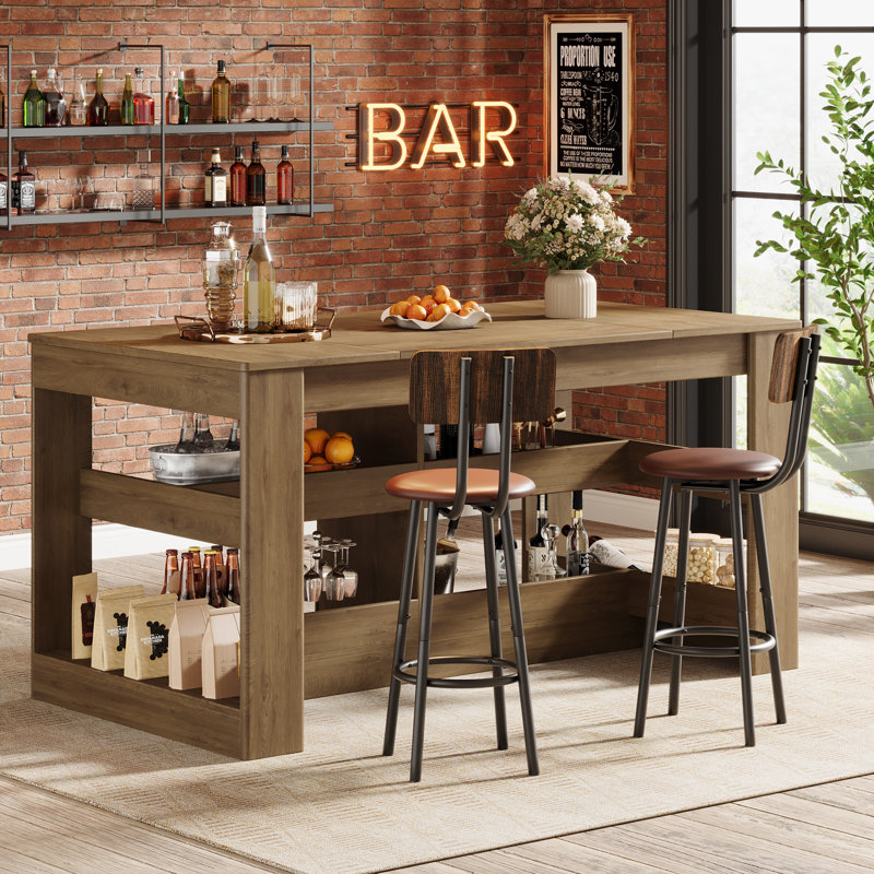 Bar Table, 63-Inch Counter Height Pub Table, Rectangular Wooden Kitchen Dining Furniture with Storage Shelves for Dining Room, Home Bar, Living Room (Rustic Brown)