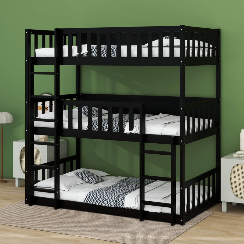 Kayda Twin Over Twin Over Twin Triple Rubber Wood Bunk Bed, With Ladders, Guardrails Detachable Bunk Bed, Black