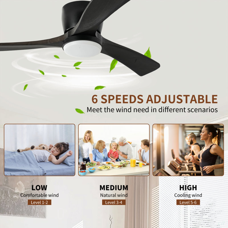 Ventilateur de plafond en bois massif 42 "avec plafonnier encastré, moteur à courant continu, Noir, Noir