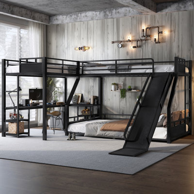 L-Shaped Metal Bunk Bed (Top Bed: Twin Xl, Bottom Bed: Queen) With Single Loft Bed, Desk, And Storage Shelves, USB Charging Port Included - Metal Triple Bunk Bed With Slide,Black
