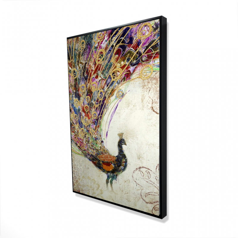 Paon avec des plumes dorées, reproduction sur toile, H 36 po x l 24 po