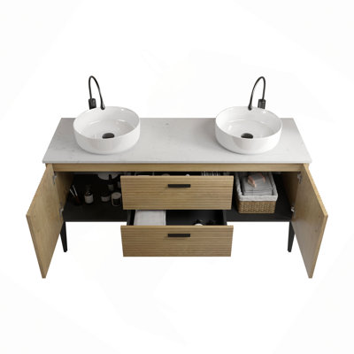Meuble-lavabo 60 po en chêne naturel rayé avec lavabo en céramique, meuble-lavabo autoportant pour salle de bain moderne