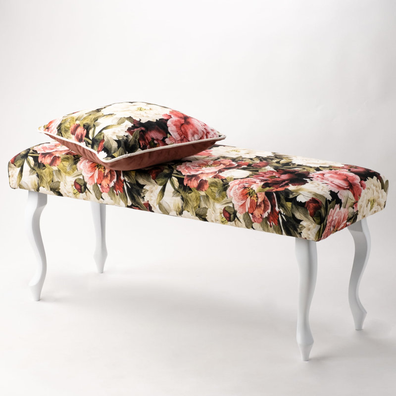 Velvet Upholstered Bench, 45cm H x 45cm W x 40cm D, Pink/White/Red