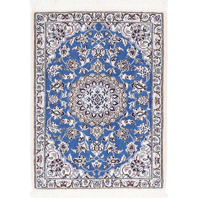 Blue Hand knotted Persian silk & wool Nain 2'X 3'