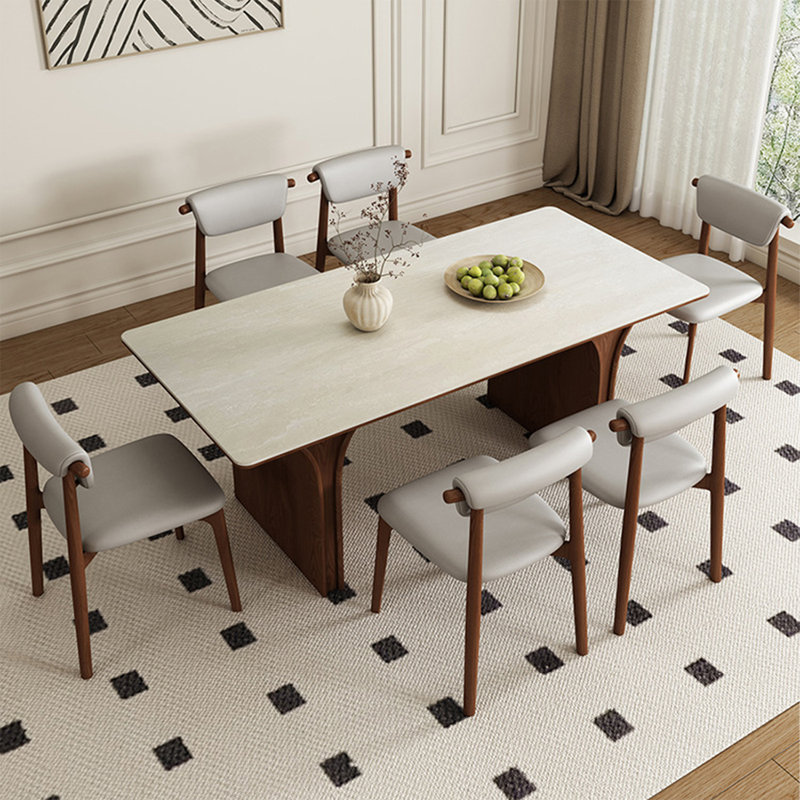 Nut-brown Rectangular Sintered Stone + Solid Wood Dining Table, 29.53"H x 62.99"L x 31.5"W