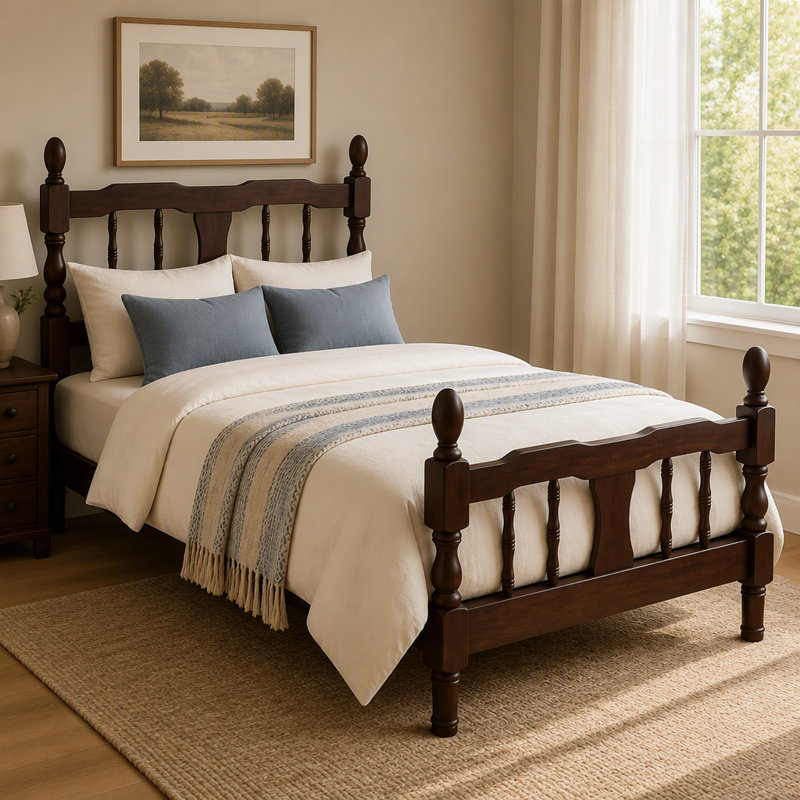 Lit plateforme en bois avec tête et pied de lit à fuseaux, Twin, Dark Walnut