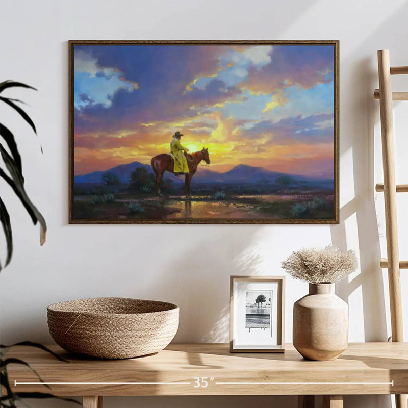 Soleil brûlant, 25 po x 17 po, Cadre flottant noyer