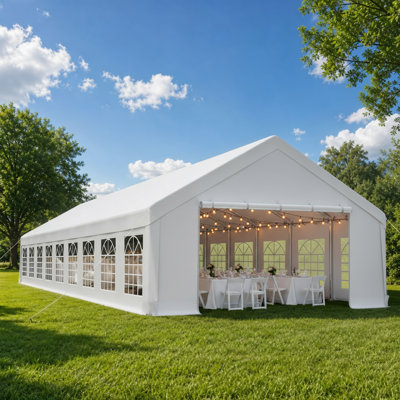 Abri de voiture robuste de 6 x 18 m, auvent de garage extérieur avec structure en acier renforcé et bâche imperméable, double porte et 6 fenêtres transparentes en PVC