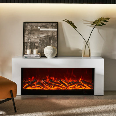 Meuble télé moderne et simple à panneau en pierre avec flammes électroniques simulées