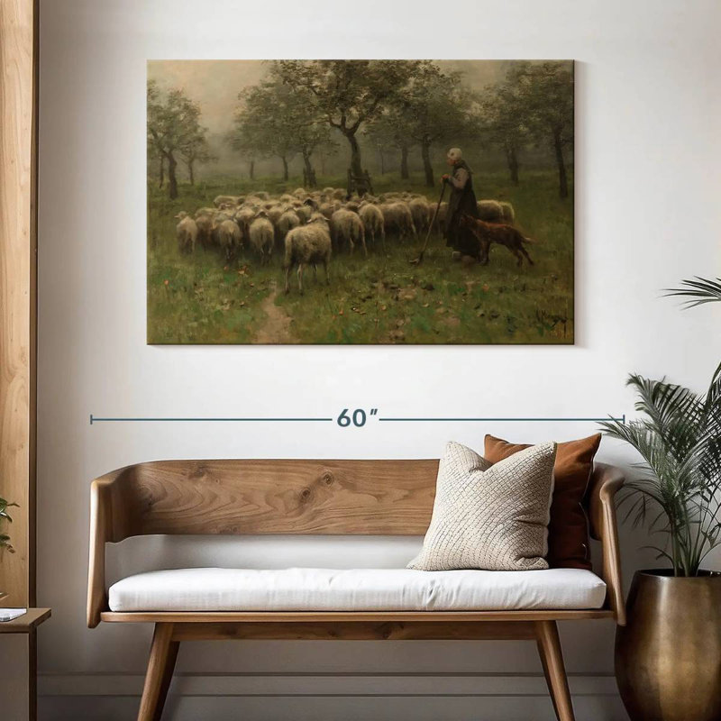 Bergère avec un troupeau de moutons, H 32 po x l 48 po