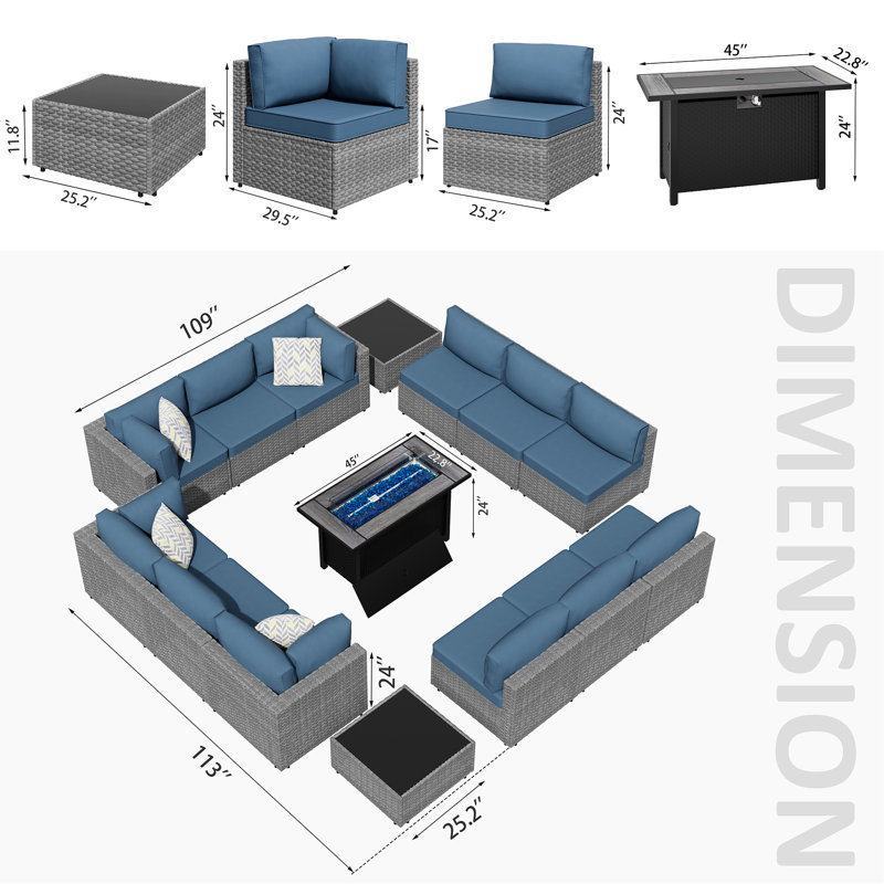 Ensemble de patio extérieur en osier pour 12 personnes avec coussins et foyer, Marine, Argent argent