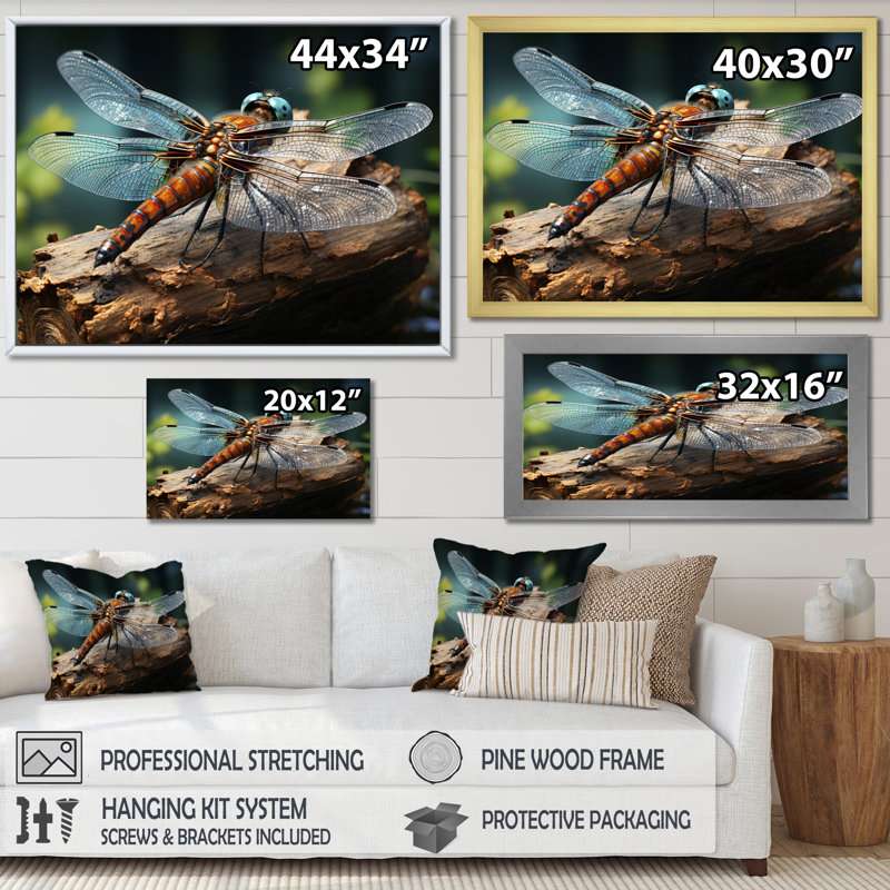 «Teal Dragonfly Portrait II», reproduction d'art sur toile, H 16 po x l 32 po x P 1 po, Cadre photo blanc