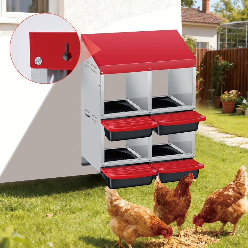 Boîtes de nidification pour poulets, boîte de ponte en acier galvanisé résistant aux intempéries avec perchoir à poignée et collection automatique d'œufs à enroulement, facile à nettoyer et à assembler rapidement pour le poulailler