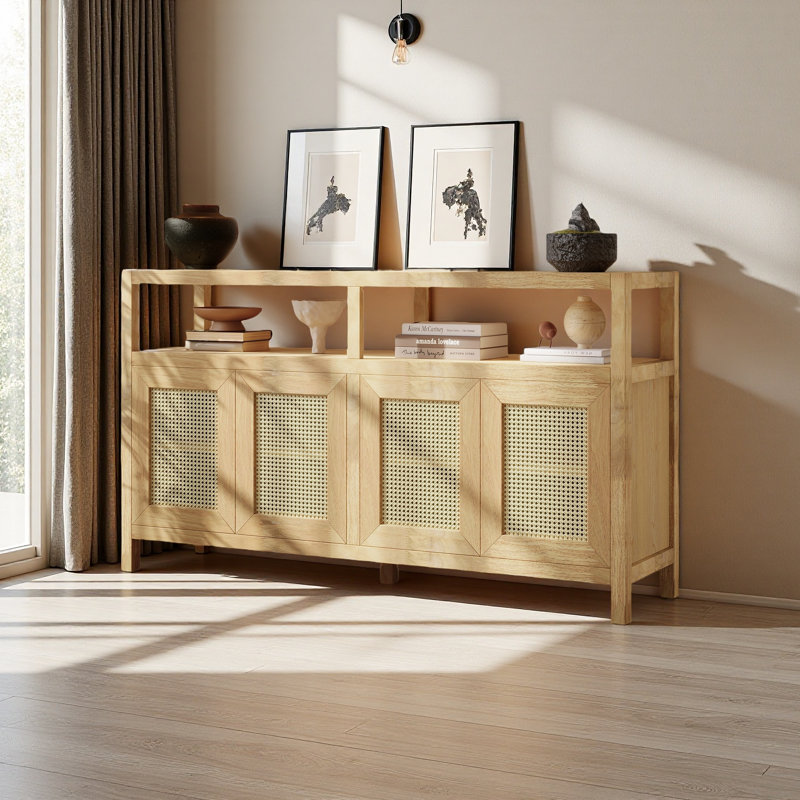 Armoire de rangement en rotin avec structure en bois massif, buffet avec tablettes réglables à 3 positions pour le salon et la salle à manger, conception à pousser sans poignée