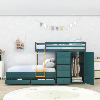 Lit superposé avec 2 grands tiroirs, 5 petits tiroirs et une petite armoire