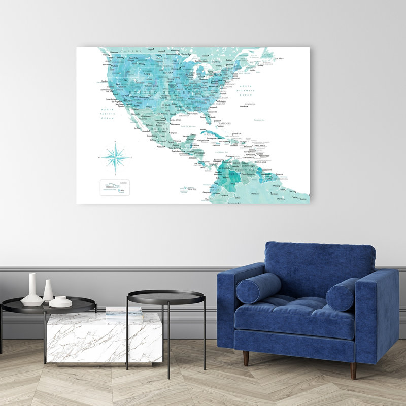 Watercolor Americas Map Contemporary City Wall Art Print 1 Piece Wrapped Canvas Wall Art, 152.4cm H x 101.6cm W
