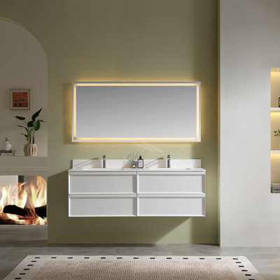 Meuble-lavabo mural de luxe de style Mid-Century avec lavabo double 60 po