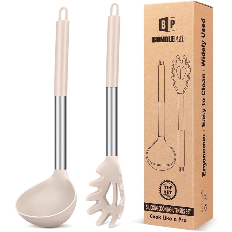 Ensemble de cuillères et fourchettes à pâtes en silicone, grands ustensiles de cuisine antiadhésifs pour la cuisson, le brassage, le service des spaghettis, la soupe, la sauce (BLANC)