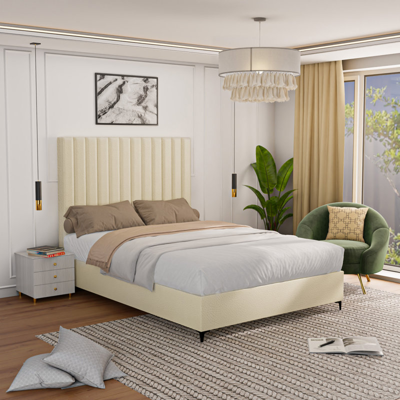 Lit plateforme tapissier en cuir de luxe avec tête de lit, base de qualité supérieure, aucun sommier tapissier requis, Beige