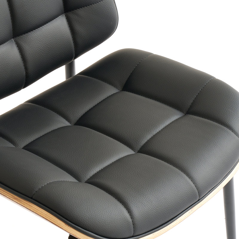 Mid Century Modern Dining Chairs with Walnut Grain Back, Black Faux Leather Dining Room Chairs Set of 4, Checkered Soft Cushion Kitchen Chairs with Adjustable Foot Pads