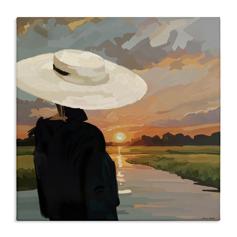 Art mural sur toile mode femme regardant le coucher du soleil, design par Amelia Noyes, H 17 po x l 17 po