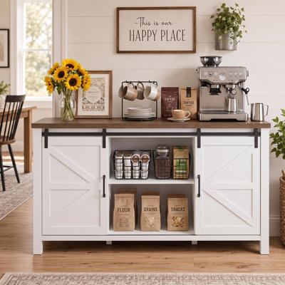 Buffet à portes de grange avec portes coulissantes et tablette ouverte L 57,9 po x l 15,7 po x H 31,5 po, armoire de rangement pour le salon de la salle à manger, quincaillerie en métal noir, blanc et brun