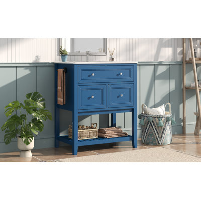30" Navy Blue Bathroom Vanity with Ceramic Sink – Freestanding Storage Cabinet with Tip-Out Drawer, 2 Drawers & Open Slatted Shelf, Reversible Side Towel Rack, Silver Handles, MDF