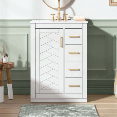 Meuble-lavabo avec lavabo en céramique intégré, armoire de salle de bain à 1 porte, 3 tiroirs, meuble-lavabo simple pour salle de bain de petite et moyenne taille