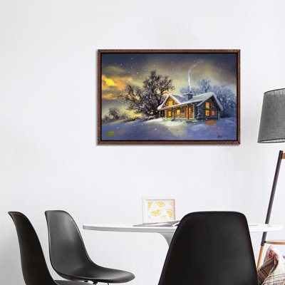 Cabin In Winter At Dawn 1 Piece Floater Frame Wall Art on Canvas