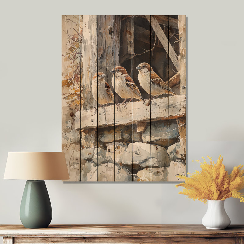 Sparrows Birds In The Farmyard I - Bird Wood Wall Decor - On Natural Pine Wood, 44" H x 34" W x 0.78" D