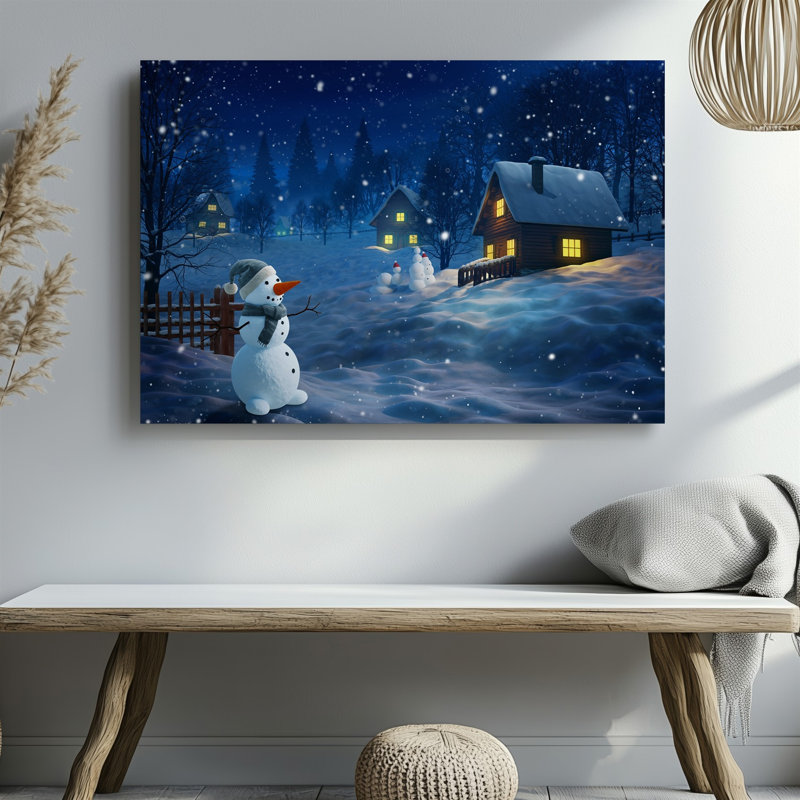 Toile, une scène hivernale fantaisiste mettant en vedette un bonhomme de neige joyeux orné d'une décoration murale