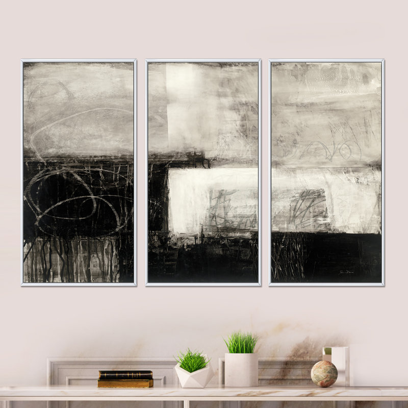 «A Geometric Day II - Mid-Century», ensemble d'art mural moderne sur toile encadrée, 28" H x 36" W x 1" D, Cadre blanc