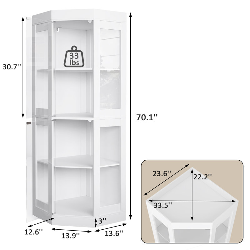70'' Tall Corner Cabinet with Tempered Glass Doors, 4-Tier Curio Display Cabinet for Living Room, Dining Room, White, White