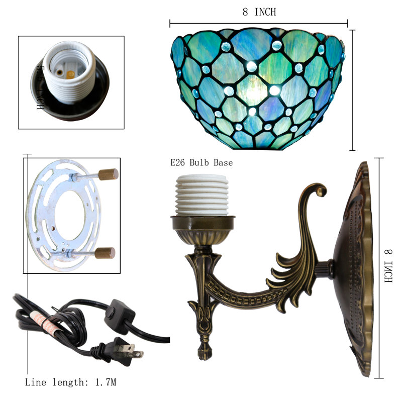 Lampe de chevet murale en verre coloré 8 x 10,5 x 11 pouces Tiffany pour couloir (style perle bleu mer), Perles bleues
