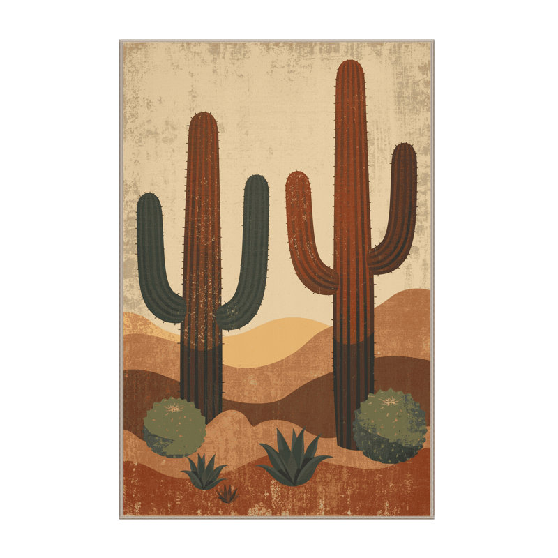 Machine Washable Ortencia Cactus Modern Rustic Vintage Look Rug in Brown – Beige Binding, 5x7
