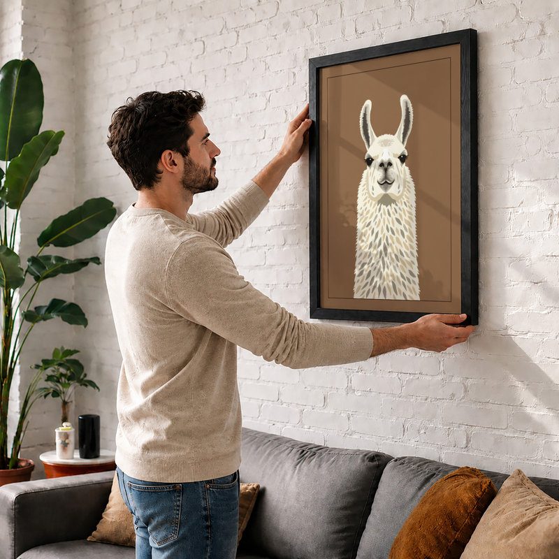 Gentle Llama Portrait Modern - Framed Print, Oak, A4 - 29.7 x 21.0 cm